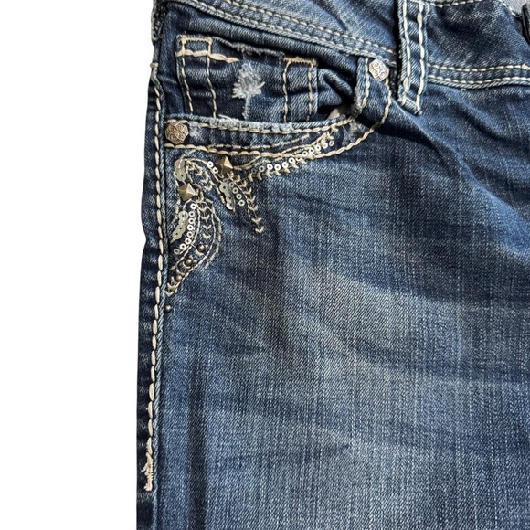 Silver SUKI Women’s 32X30 Dark Wash Fading Rivets Sequins Mid-Rise Bootcut - Picture 6 of 9